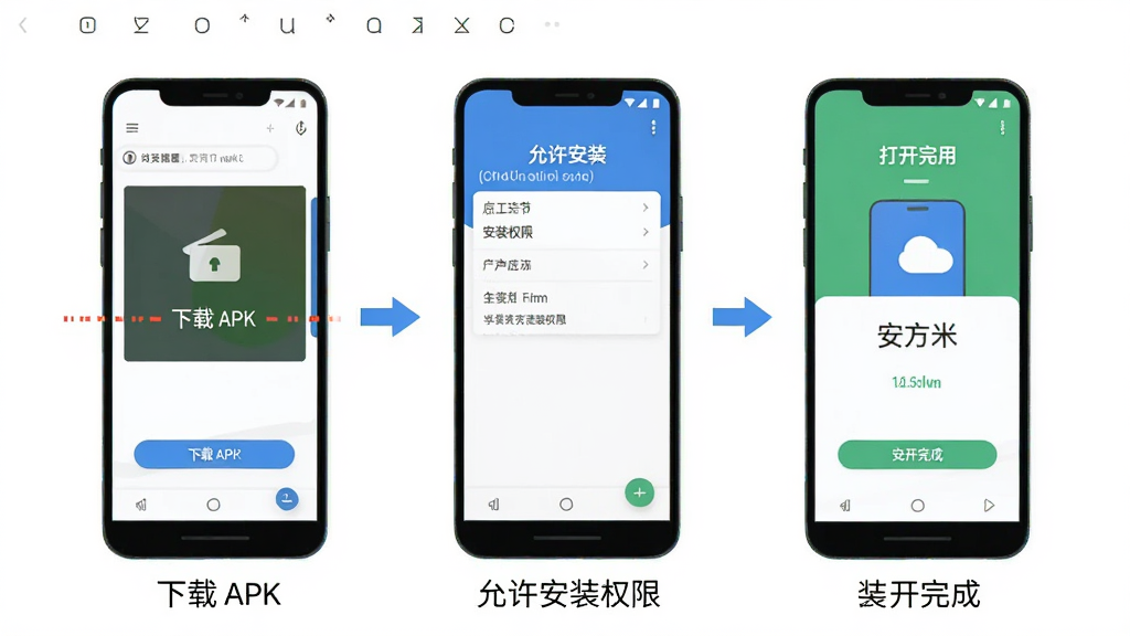 OAtalk安卓手机安装步骤示意图,画面从左到右展示三个手机屏幕,分别对应下载APK、允许安装权限、安装完成打开应用的流程,界面简洁明了,配色清新,适合新手参照