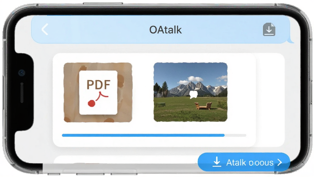 OAtalk文件传输界面示意图,手机屏幕显示聊天窗口中的文件卡片,包含PDF和图片缩略图,文件旁边有下载进度条,整体布局清晰,配色以白色和浅蓝为主