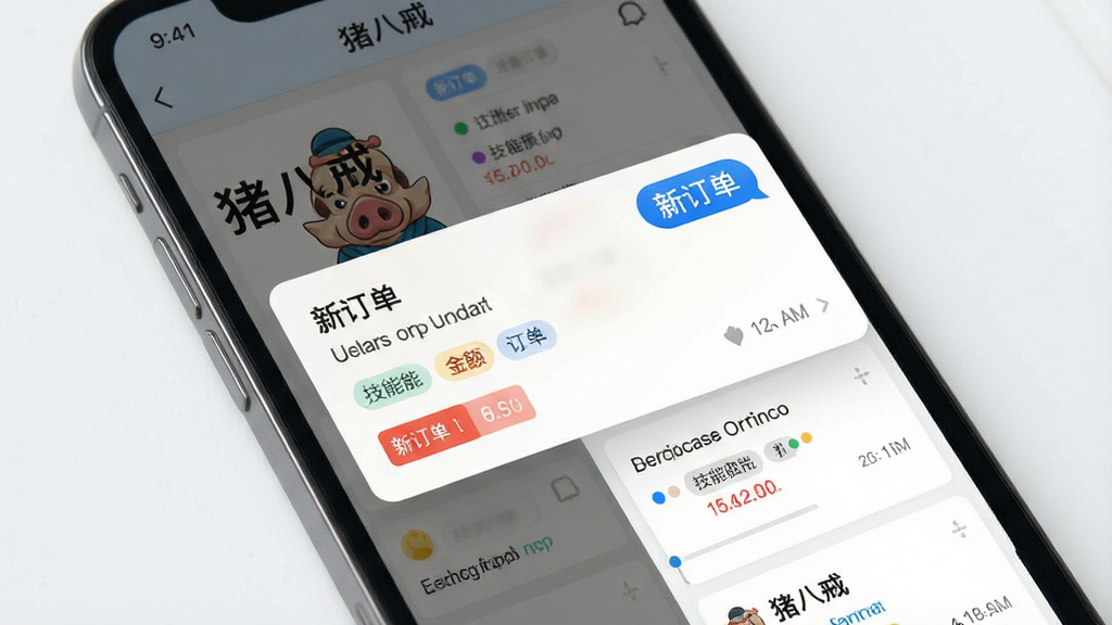 一张表现“猪八戒”APP订单推送功能的图片,主体为手机屏幕弹出订单通知卡片与列表页;布局采用左右分栏展示通知与详情;排版突出“新订单”与金额标签;风格为清爽商务风;细节包含蓝色通知气泡、技能标签彩色小点、时间轴元素;画质高清,干净,无多余元素