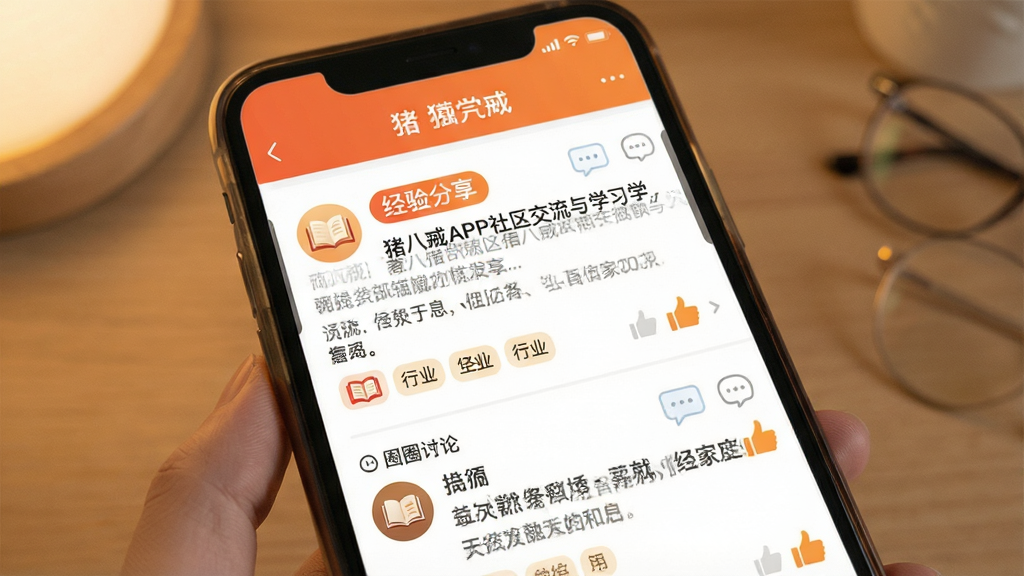一张表现“猪八戒”APP社区交流与学习板块的图片,主体为手机屏幕显示文章列表与圈子讨论;布局采用上下滑动信息流;排版突出“商学院”与“经验分享”标签;风格为温暖阅读风;细节包含书籍图标、评论气泡、点赞手势、行业标签;画质高清,干净,无多余元素