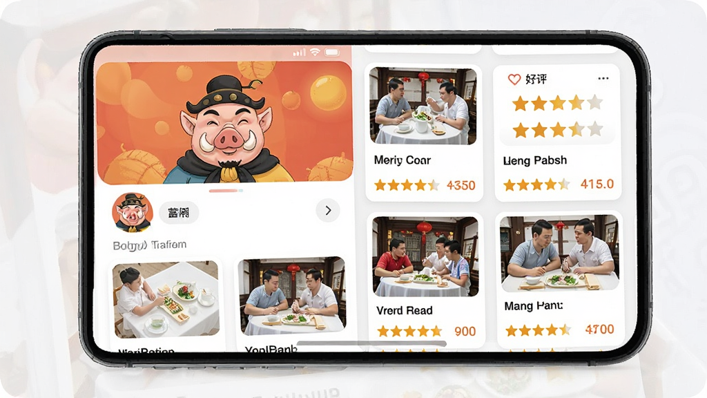 一张展示“猪八戒”APP个人店铺装修界面的图片,主体为手机屏幕显示店铺头图、服务卡片与好评星级;布局采用瀑布流卡片式排版;风格为清新浅色系;细节包括店铺头像、案例缩略图、价格标签、五星评价图标;画质高清,干净,无多余元素