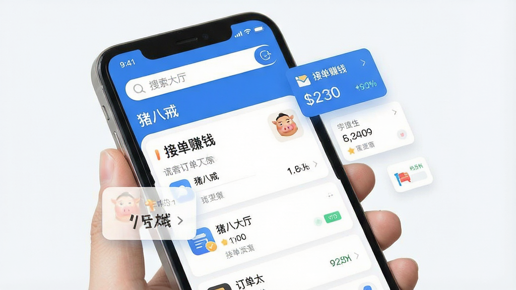 一张展示“猪八戒”APP手机端主界面的图片,主体为手持智能手机,屏幕显示订单大厅列表与顶部搜索栏;布局采用居中构图,手机略微倾斜;排版清晰突出软件名称“猪八戒”与“接单赚钱”字样;风格为现代科技感与扁平化设计结合;细节包括蓝色主色调、图标圆润、数据卡片悬浮;画质高清,干净,无多余元素