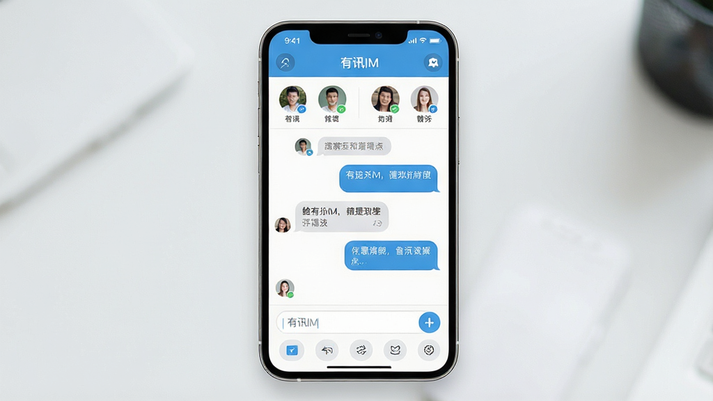 一张展示智能手机界面的图片,画面中央是名为“有讯IM”的聊天应用主界面,布局清晰,顶部显示联系人列表,中间是消息气泡对话,底部有输入框和功能按钮,整体排版简洁,风格现代科技感,细节包括圆角图标和柔和阴影,画质清晰干净,无多余元素