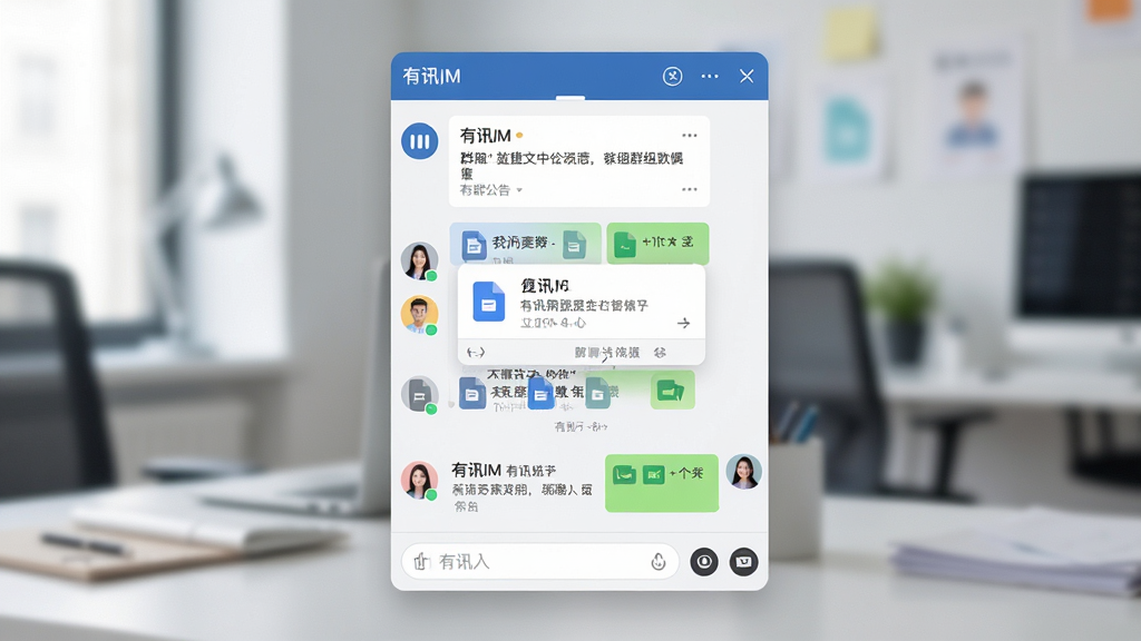 一张展示文件传输和群组协作的图片,画面中心是一个名为“有讯IM”的群聊界面,上方显示群公告,中间有文件传输卡片和聊天记录,下方是输入框,布局清晰,风格现代办公,细节包括文件图标和成员头像,画质清晰干净,无多余元素