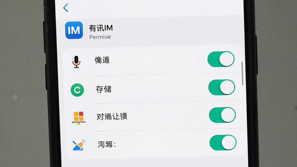 一张展示手机设置界面的图片,画面中显示“有讯IM”的应用权限管理页面,包含麦克风、存储、通知等权限开关,布局清晰,风格简洁,细节包括开关按钮和图标,画质清晰干净,无多余元素