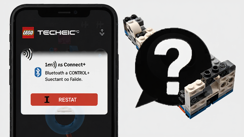 乐高 TECHNIC CONTROL+ 应用故障排查示意图,画面为手机屏幕显示蓝牙连接失败提示,旁边有问号图标与乐高模型,背景为浅灰色,风格为信息图表风,细节包括信号中断符号、重启按钮,画质清晰,干净,无多余元素