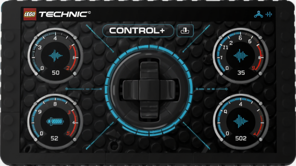 乐高 TECHNIC CONTROL+ 应用界面特写,屏幕中央为虚拟摇杆,四周分布圆形仪表盘显示转速与电量,背景为深色科技纹理,风格为未来感UI设计,细节包括发光的蓝色数据线条、音波图标,画质清晰,干净,无多余元素