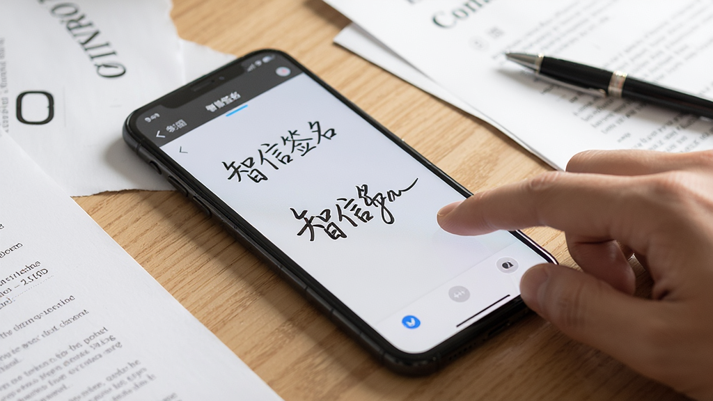 一部手机平放在木质桌面上,屏幕显示“智信签名”手写签名界面,画面中有手指正在屏幕上书写签名,周围散落几份打印合同和一支签字笔,光线柔和,风格为生活化产品摄影,细节包括屏幕上的笔迹墨色均匀、手指与屏幕接触自然,画质清晰,干净,无多余元素