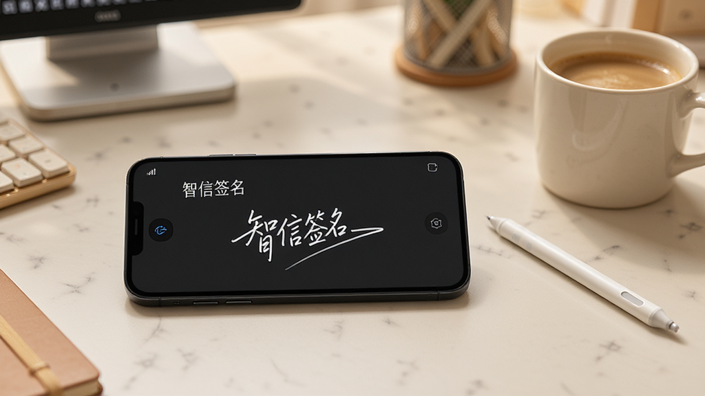 一部手机横放在桌面上,屏幕显示“智信签名”书写界面,旁边放着一支电容触控笔和一杯咖啡,背景为居家办公桌面,风格为温馨生活场景,细节包括手机屏幕上的签名笔迹清晰、桌面整洁,画质清晰,干净,无多余元素