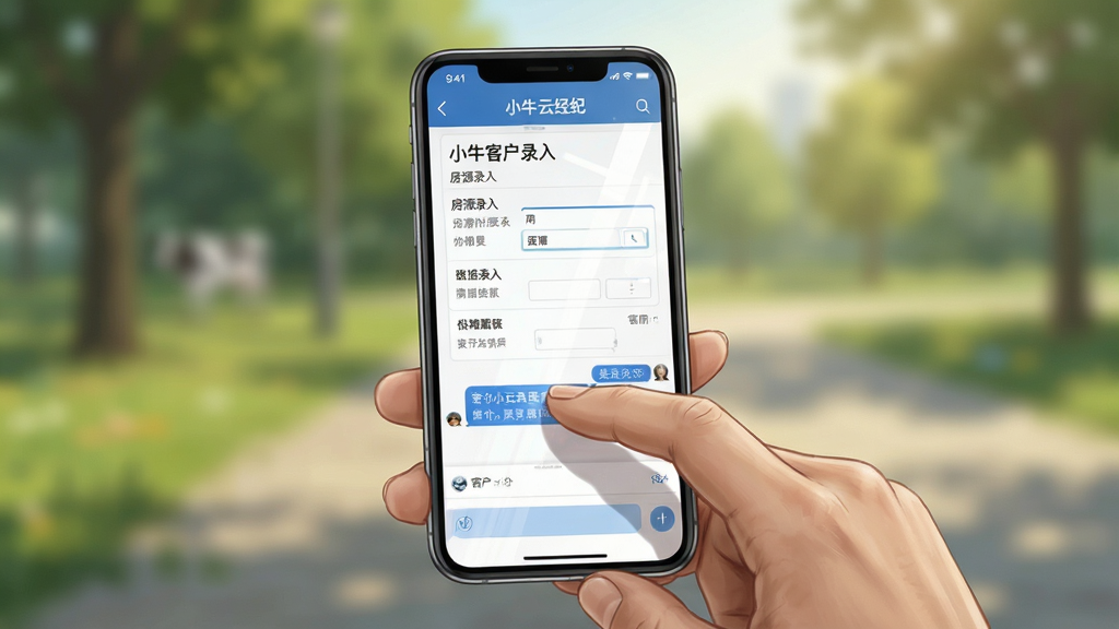 一张展示小牛云经纪移动端操作界面的图片,画面中央是一只手拿着手机,手机屏幕显示房源录入表单和客户聊天窗口,背景为户外场景虚化,布局以手机为中心,风格为写实插画风,细节包括手指触屏动作和屏幕反光,画质清晰,干净,无多余元素
