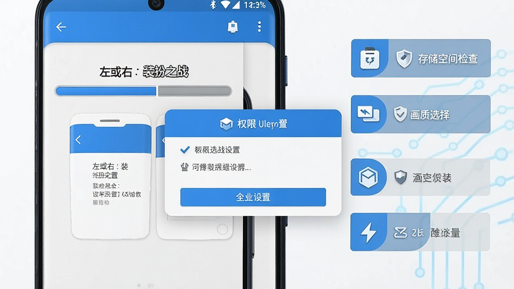 一张手机游戏安装与设置界面示意图,画面展示安卓手机屏幕,屏幕上显示“左或右:装扮之战”的安装进度条和权限设置弹窗,旁边有存储空间检查、画质选择等选项图标,整体风格简洁科技感,色彩以蓝白灰为主,画质清晰,干净无多余元素