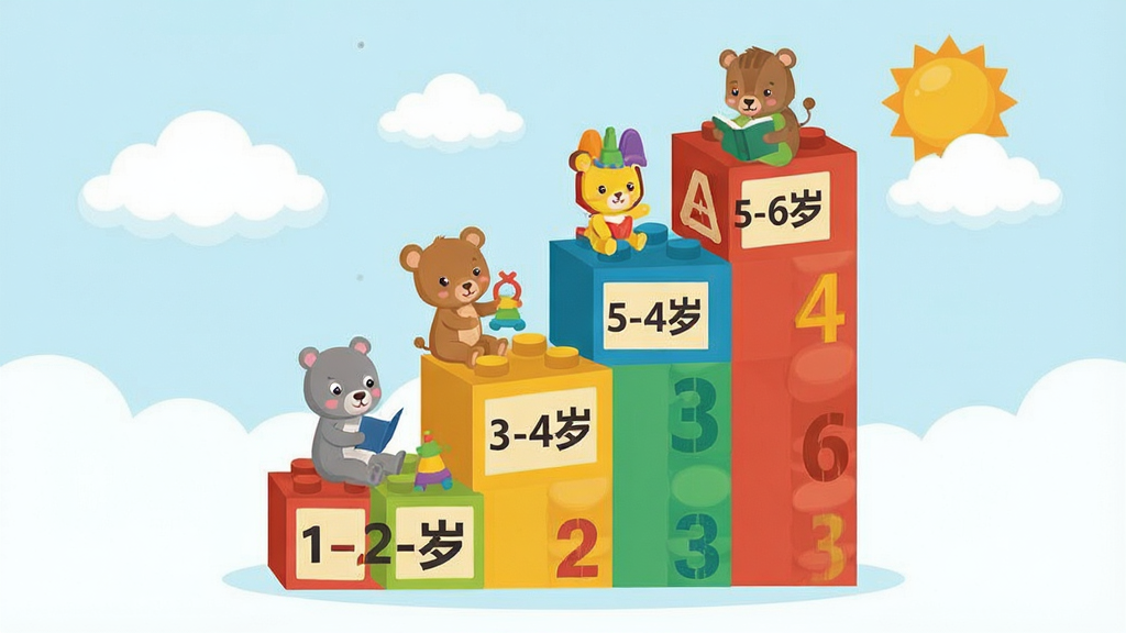 一幅卡通风格的儿童成长阶梯图,画面主体是一座由彩色积木搭成的阶梯,阶梯从低到高分别标注着
