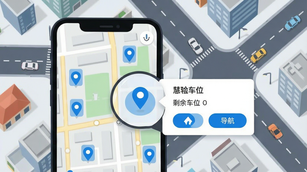 一张展示慧停车车位查询功能的场景图,画面主体为手机屏幕显示地图界面,地图上有多个蓝色车位标记点,其中一个标记点被放大并弹出车位详情卡片,卡片上写有“剩余车位”和“导航”按钮,背景为城市街道俯瞰图,风格为扁平化插画,细节包括道路线条、建筑物轮廓和车辆图标,画质干净清晰,无多余元素。