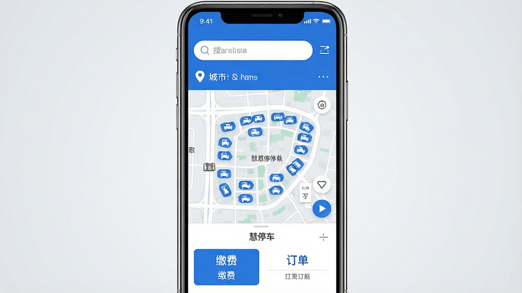 一张展示慧停车手机应用界面的产品预览图,画面中央是一部竖屏智能手机,屏幕内显示慧停车App首页,顶部有搜索栏和城市定位,中部为地图车位分布图,底部为缴费和订单入口,整体采用蓝白配色,界面干净整洁,背景为浅灰色渐变,风格为现代科技感UI展示,细节包括车位图标、导航按钮和支付标识,画质清晰,无多余元素。