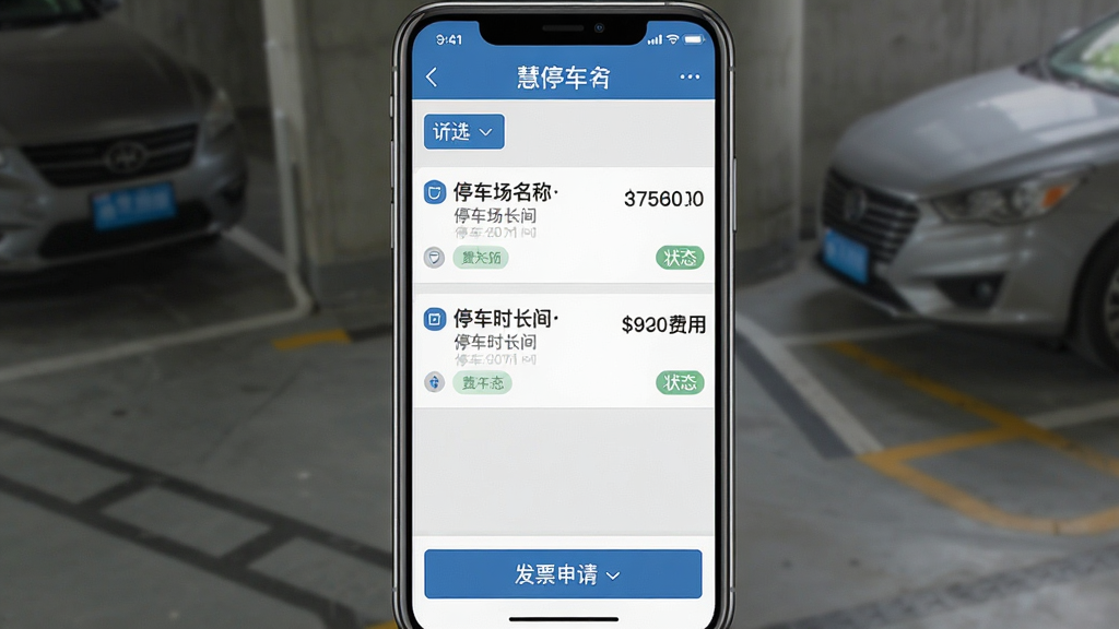 一张展示慧停车订单管理界面的手机截图风格图,画面为竖屏手机屏幕,屏幕内显示订单列表,每条订单包含停车场名称、停车时长、费用金额和状态标签,顶部有筛选按钮,底部有发票申请入口,整体配色为蓝白灰,风格为真实App界面模拟,细节包括字体排版和图标设计,画质清晰,无多余元素。