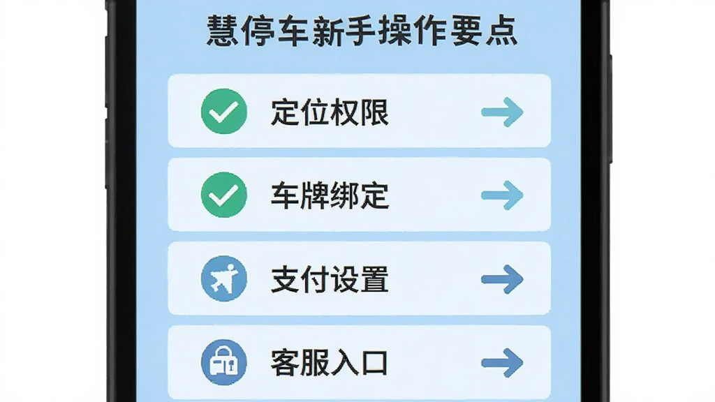 一张展示慧停车新手操作要点的信息图,画面为手机屏幕外框,屏幕内以列表形式呈现定位权限、车牌绑定、支付设置、客服入口四个图标和文字说明,背景为浅蓝色,风格为扁平化教程图,细节包括勾选标记和箭头指引,画质清晰,无多余元素。