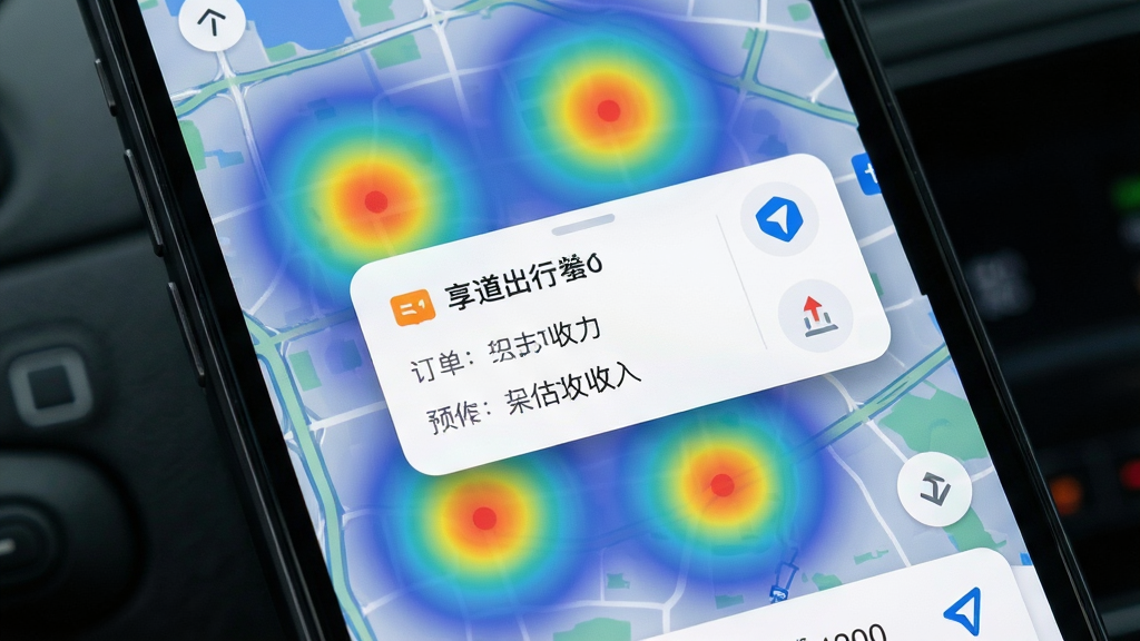 享道出行司机端智能派单界面特写,画面主体为手机屏幕显示地图上多个订单热力点与派单弹窗,布局为居中构图,排版突出订单距离与预估收入信息,风格为现代扁平化科技风,细节包含热力图渐变色彩、订单卡片圆角设计、导航箭头图标,画质高清干净无多余元素