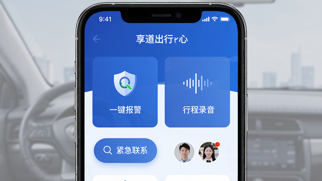 享道出行司机端安全中心界面展示,画面主体为手机屏幕显示一键报警与行程录音功能按钮,布局为对称式构图,排版突出安全功能图标,风格为稳重蓝色调科技风,细节包含盾牌图标、录音波纹、紧急联系人头像,画质高清干净无多余元素
