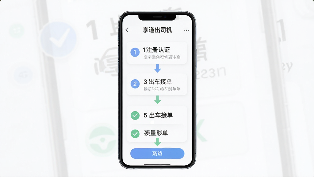 享道出行司机端新手操作流程图解,画面主体为手机屏幕展示注册认证与出车接单的步骤引导,布局为纵向流程排版,风格为清新简约风,细节包含步骤序号、箭头指引、勾选图标,画质高清干净无多余元素