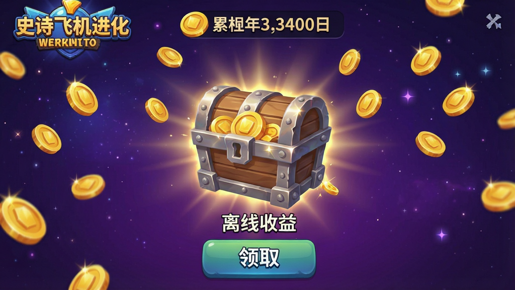 一张手机游戏挂机收益界面截图,画面中央是一个金币宝箱图标,周围环绕着金币雨和光效,下方显示“离线收益”字样与领取按钮,上方显示累积金币数量。背景为深紫色渐变星空,风格为休闲游戏UI设计,细节包括宝箱金属纹理、金币闪光、按钮立体感。画质清晰明亮,画面干净无多余元素,带有“史诗飞机进化”游戏Logo。