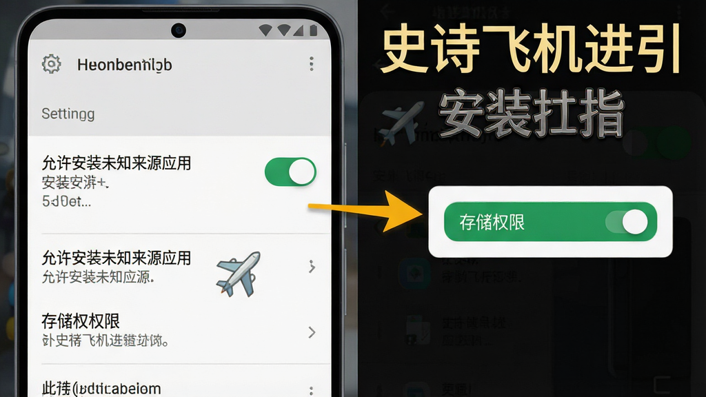 一张手机游戏安装权限设置界面示意图,画面展示安卓手机屏幕上的“允许安装未知来源应用”开关被打开的状态,旁边有箭头指向“存储权限”允许按钮。背景为简洁的浅灰色手机设置界面,风格为扁平化UI示意,细节包括开关按钮的高亮状态、权限列表的文字说明。画质清晰,画面干净,带有“史诗飞机进化”安装指引文字。