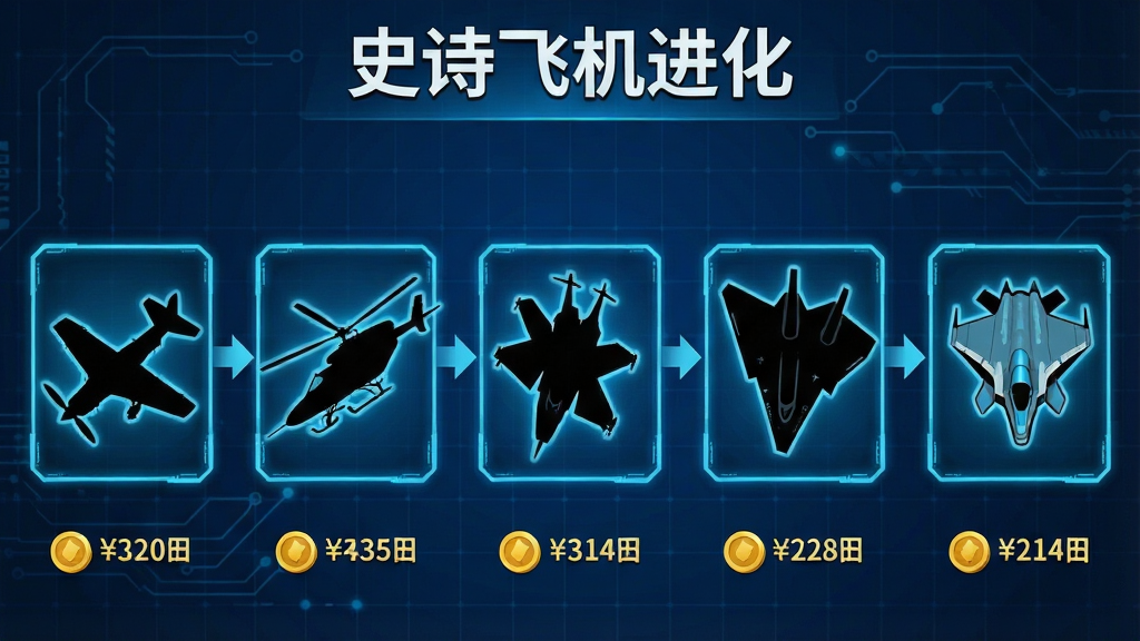 一张展示战机进化链的横版信息图,画面从左到右依次排列五种不同形态的飞机:螺旋桨小飞机、武装直升机、喷气战斗机、隐形轰炸机、未来科幻战机,每种飞机下方标注进化所需金币数量。背景为深蓝色科技感网格,飞机之间有箭头连接表示进化方向。风格为扁平化游戏UI设计,细节包括每种飞机的轮廓剪影、发光边框、金币图标。画质干净清晰,排版整齐,画面中带有文字“史诗飞机进化”标题。