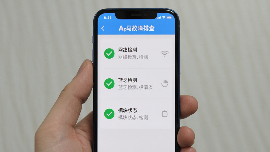 画面主体为手机屏幕显示立马科技APP故障排查界面,包含网络检测、蓝牙检测、模块状态三个检查项,布局采用纵向列表构图,风格为简洁工具类UI,细节包括绿色对勾图标、灰色待检测项、清晰文字说明,画质高清、干净、无多余元素