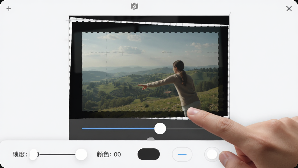 加画框编辑界面中用户正用手指拖动滑块调节画框宽度,画面中照片周围边框随之变化,界面底部有宽度、颜色、圆角等调节选项,整体布局直观,风格现代,画质细腻,干净整洁