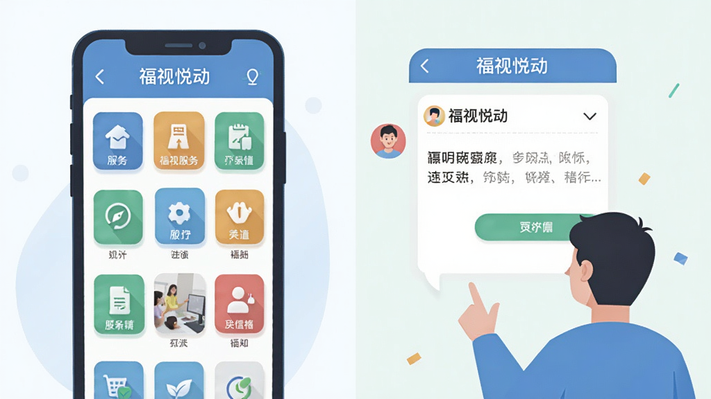 一幅民生服务互动场景插画,画面左侧是手机屏幕显示服务图标网格,右侧是用户上传爆料信息的对话框,布局左右分栏,排版清晰,风格为扁平化插画,细节包含“福视悦动”文字,画质干净,无多余元素