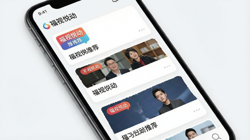 一张个性化推荐界面示意图,画面主体是手机屏幕展示新闻卡片流,卡片上有不同频道标签,布局为瀑布流排版,风格为清新简约UI,细节包含“福视悦动”推荐标识,画质高清,干净无多余元素