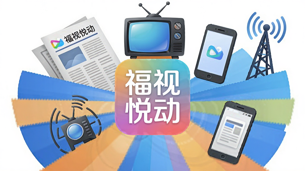 一幅新闻资讯聚合场景插画,画面中央是福视悦动APP图标,周围环绕报纸、电视、手机、广播塔等元素,布局呈放射状,排版层次分明,风格为商务科技感,细节包含“福视悦动”文字标识,画质清晰,干净无多余元素