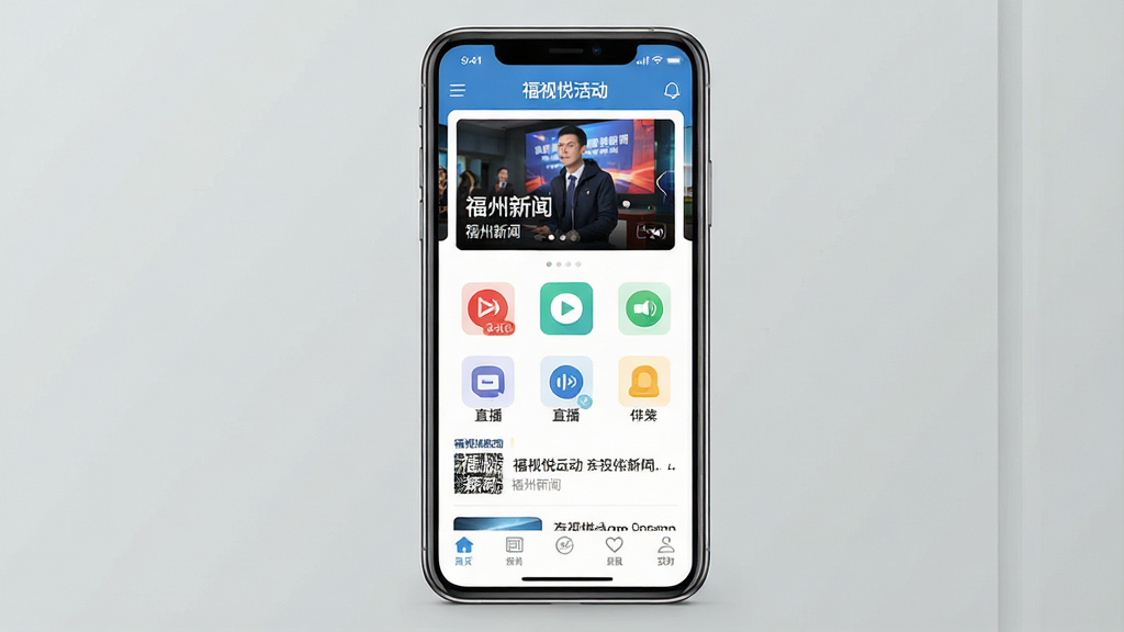 一张手机应用界面展示图,画面主体是一部智能手机,屏幕显示福视悦动APP首页,布局包含顶部轮播新闻图、中部功能入口图标、底部导航栏,排版简洁清晰,风格为现代扁平化UI设计,细节包含新闻标题文字“福州新闻”“直播”等,画质高清,干净无多余元素