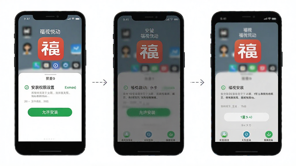 一张手机应用安装步骤示意图,画面主体是手机屏幕展示安装权限设置界面和福视悦动图标,布局为分步图示排版,风格为扁平化教程插图,细节包含“允许安装”“福视悦动”文字,画质清晰,干净无多余元素