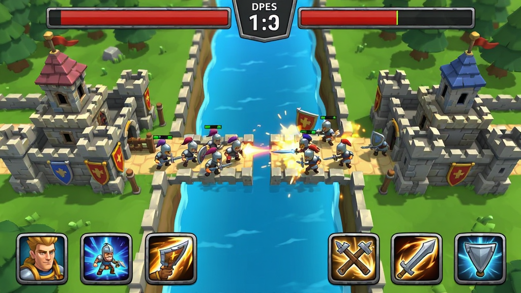Castle Defenders Clash 实时PVP对战画面,两位玩家城堡隔河相望,屏幕上方显示倒计时和双方血量条,下方是英雄技能按钮,画面中有士兵交战的动态效果,风格为美式卡通奇幻,画质清晰,无杂乱元素