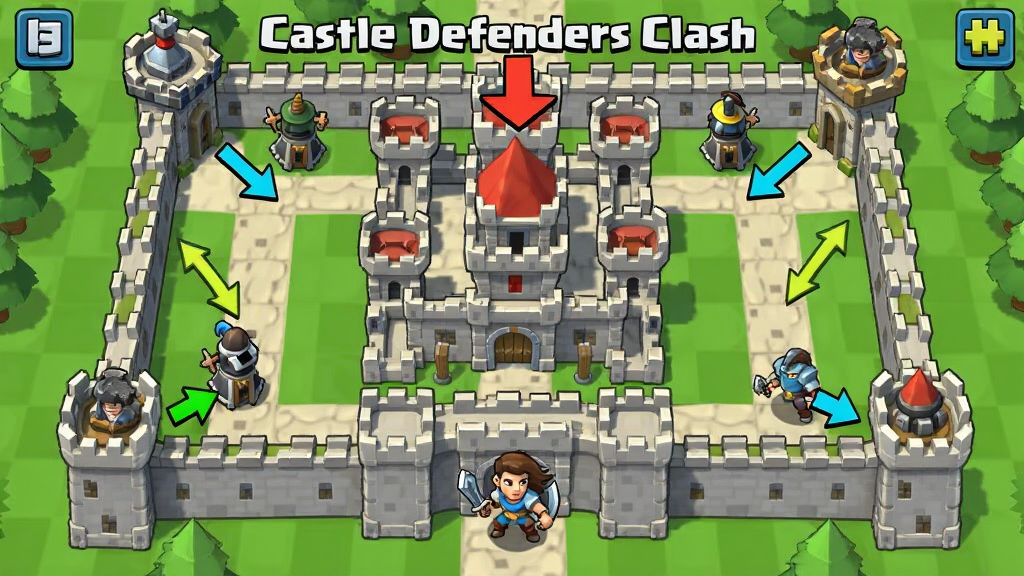 Castle Defenders Clash 新手布阵示意图,画面展示一座城堡的俯视图,防御塔分布在道路拐角处,英雄站在城堡前方,界面带有箭头标注推荐站位,风格为卡通策略游戏画面,布局清晰,画质干净