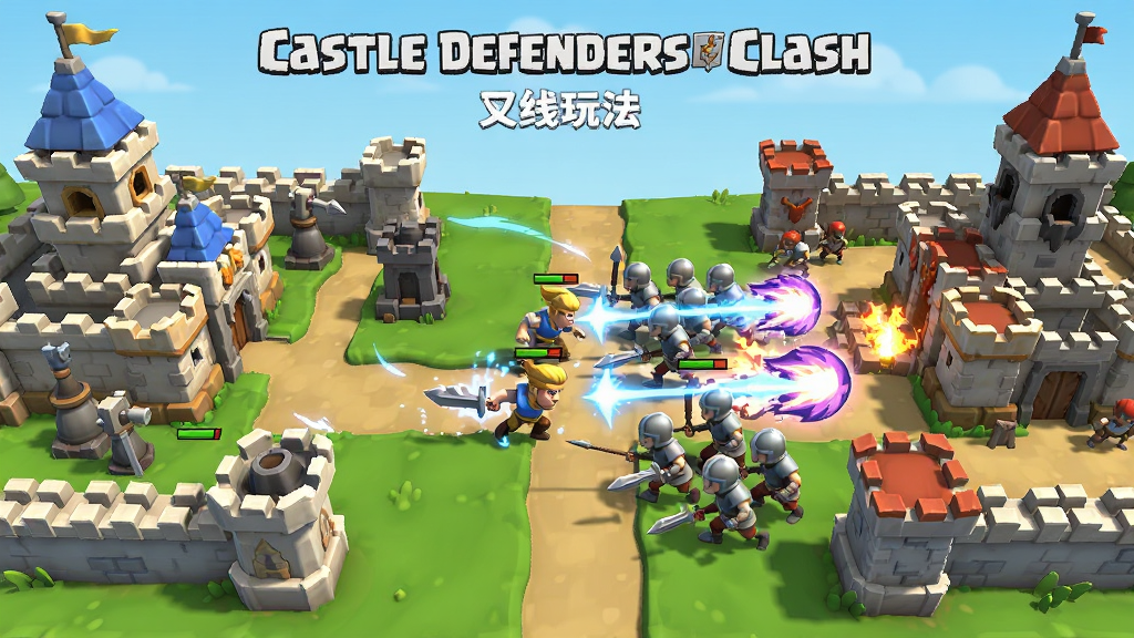 Castle Defenders Clash 双线攻防玩法展示图,画面左侧是玩家自己的城堡和防御塔,右侧是敌方城堡,中间有英雄带领士兵冲锋,画面中带有技能释放的光效,采用卡通渲染风格,构图均衡,画质干净清晰