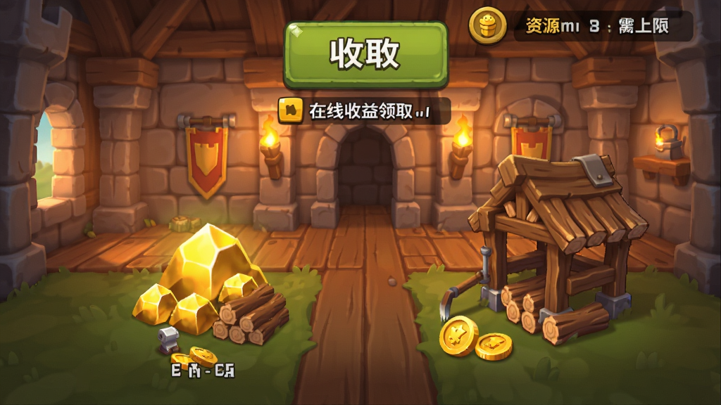 Castle Defenders Clash 离线收益领取界面,画面中显示金矿和伐木场正在产出金币与木材,上方有收取按钮和资源上限提示,背景是卡通风格的城堡内部,色彩温暖,排版简洁,画质干净