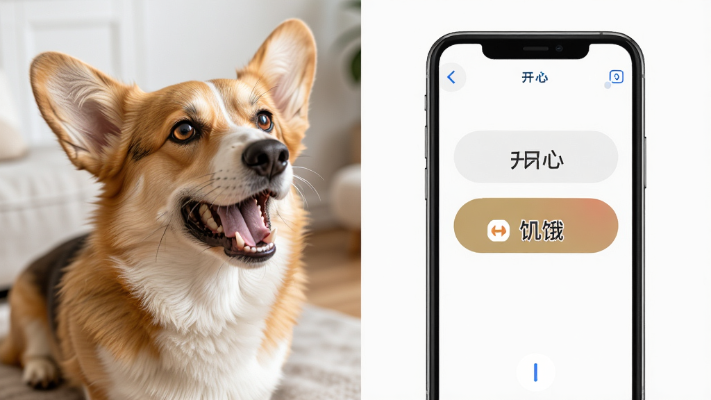 狗狗翻译器实时翻译功能界面,一只柯基犬正在叫,手机屏幕显示开心和饥饿两个翻译标签,画面构图左右分栏,左侧是狗狗照片右侧是手机界面,风格简洁明快,细节清晰,画质干净,无多余元素