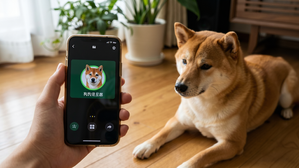 狗狗翻译器移动端使用场景,一只手拿着手机对着趴在地上的柴犬,手机屏幕显示翻译进行中,背景是居家地板和绿植,布局对角线构图,风格生活化写实,细节自然,画质清晰,无多余元素