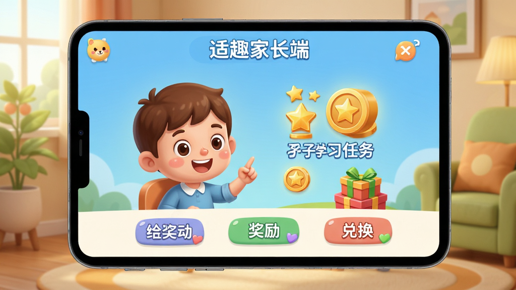 适趣家长端 任务激励界面 孩子完成学习任务获得积分 奖励兑换 卡通风格 温馨家庭氛围 高清画质 干净无多余元素