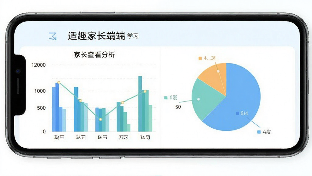 适趣家长端 学习报告数据图表 手机屏幕显示时间分布 柱状图与饼图 家长查看分析 清新浅色风格 高清画质 干净无多余元素