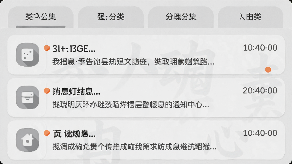 入魂大集消息通知中心界面,画面顶部是分类标签,下方是消息列表,每条消息左侧有图标,右侧有时间戳,布局清晰,风格为浅灰质感,细节包括未读消息的圆点标记和消息摘要文字,画质干净,无多余元素