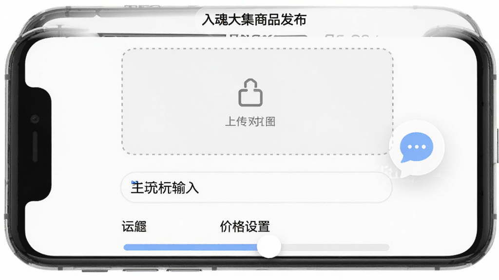 入魂大集商品发布页面,手机屏幕中央是图片上传区域,下方有标题输入框和价格设置滑块,右侧悬浮着聊天气泡图标,布局简洁,风格为柔和圆角,细节包括上传按钮的虚线边框和价格数字的醒目显示,画质干净,无多余元素