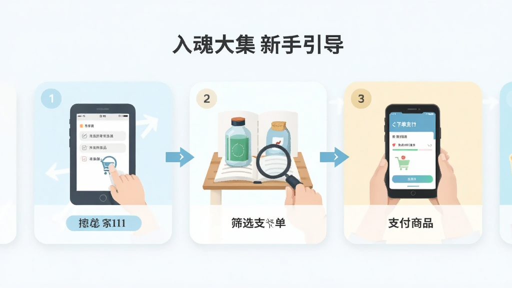 入魂大集新手引导页面,手机屏幕中央是分步操作的插画,包括点击搜索、筛选商品、下单支付三个场景,布局为横向滑动卡片,风格为清新浅色,细节包括引导箭头和步骤编号,画质干净,无多余元素