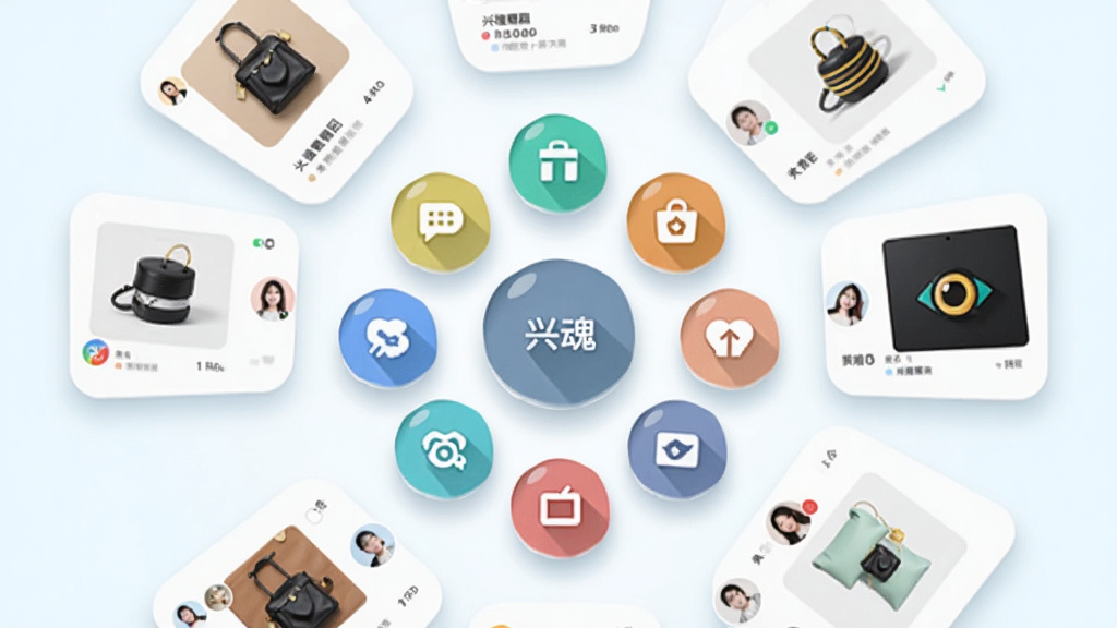 入魂大集应用界面展示兴趣圈层,画面中心是多个圆形图标代表不同兴趣类别,周围环绕着商品卡片和用户头像,布局呈放射状,风格为清新浅色,细节包括图标阴影和卡片圆角,画质干净,无多余元素