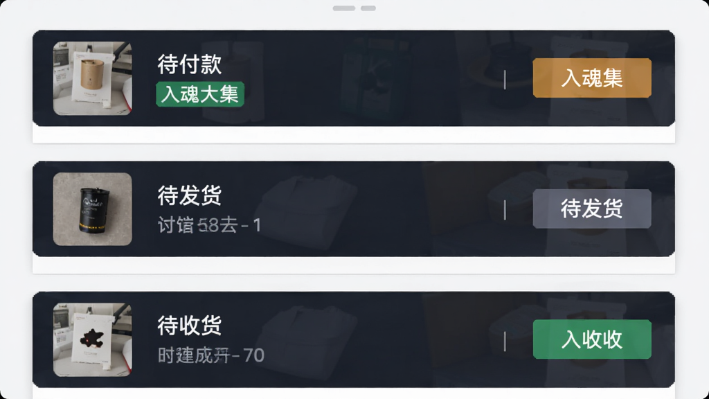 入魂大集订单管理界面,画面从上到下依次排列着待付款、待发货、待收货的订单卡片,每张卡片上有商品缩略图和状态标签,布局为垂直列表,风格为简约商务,细节包括状态标签的色块区分和卡片间的分割线,画质干净,无多余元素