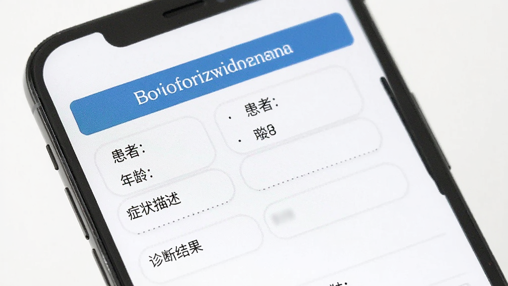 医生工作室病历管理界面,手机屏幕上显示电子病历表格,包含患者姓名、年龄、症状描述、诊断结果等字段,白色背景搭配蓝色标题栏,界面简洁现代,画质清晰,无多余装饰元素