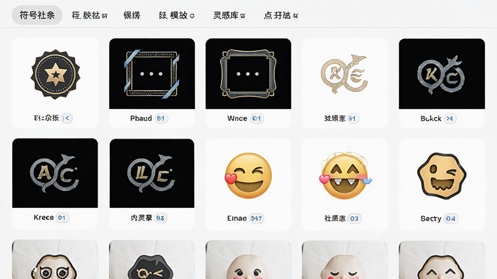 符号社模板与灵感库界面截图,屏幕中显示多个符号模板缩略图,包括徽章、边框、表情等类别,顶部有分类标签栏,整体采用卡片式布局,浅色背景,图标与文字清晰,风格清新简约,画质干净