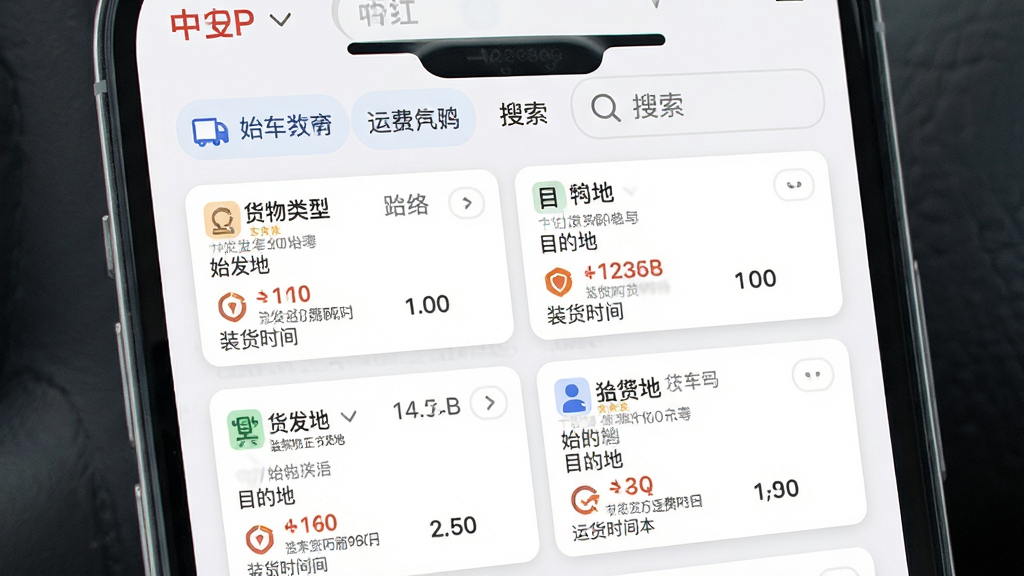 中车运司机端APP的货源列表界面特写,画面主体为手机屏幕显示多条货源信息卡片,每张卡片包含货物类型、始发地、目的地、运费价格、装货时间等字段,屏幕上方有筛选和搜索栏,布局采用竖版手机界面居中展示,风格为现代扁平化UI设计,细节包括卡片圆角、图标配色、文字层级清晰,画质高清、界面干净、无多余元素
