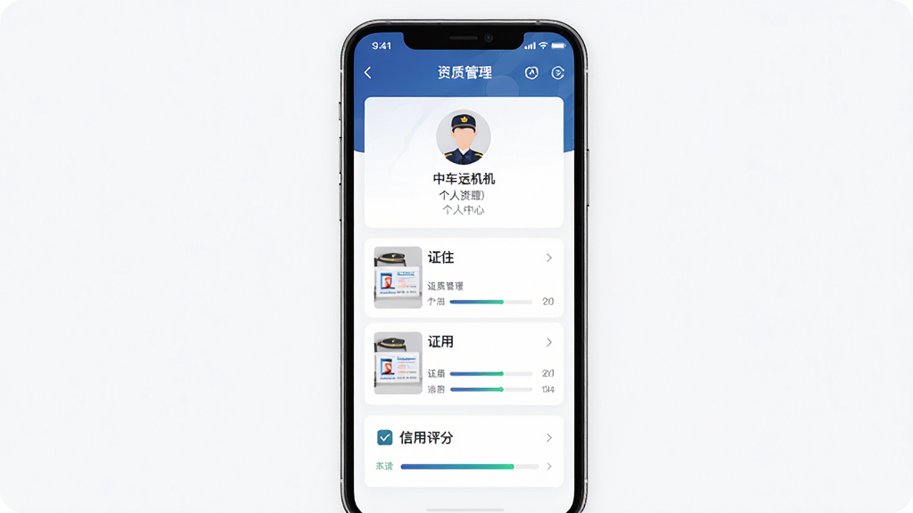 中车运司机端APP的个人中心与资质管理界面,画面主体为手机屏幕显示个人资料卡片、证件列表和信用评分模块,布局采用竖版手机界面居中展示,风格为简洁商务风,细节包括头像、证件缩略图、进度条、图标配色,画质高清、界面清爽、无多余元素